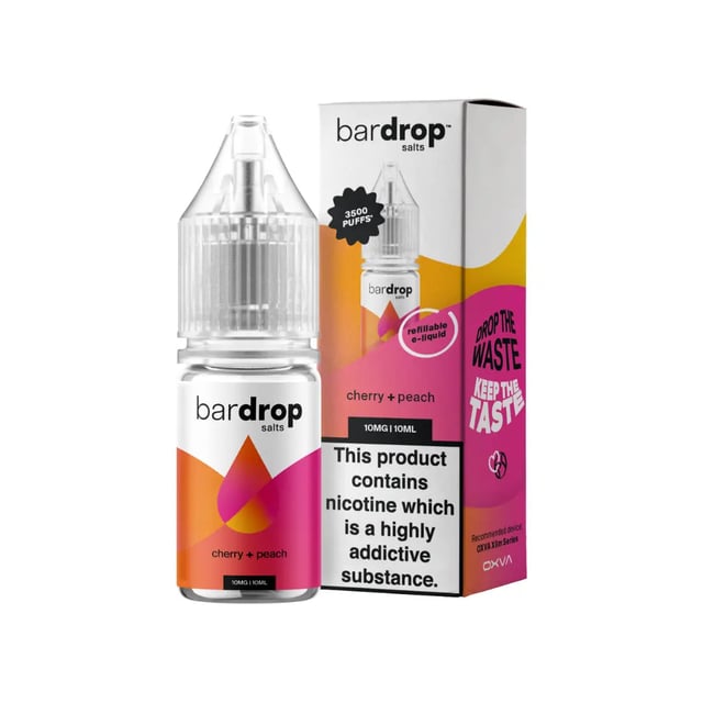 Bar Drop Cherry Peach nic salt 10ml bottle, 50/50 e-liquid in 5mg, 10mg and 20mg strengths