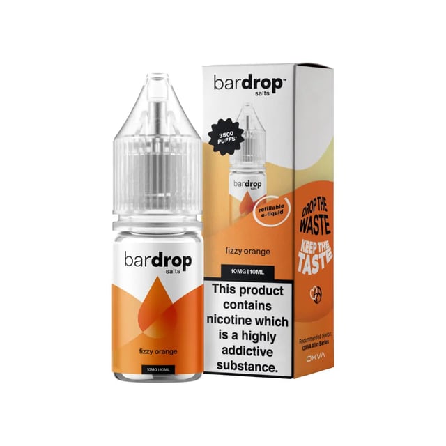 Bar Drop Fizzy Orange nic salt e-liquid 10ml bottle, available in 5mg, 10mg and 20mg strengths