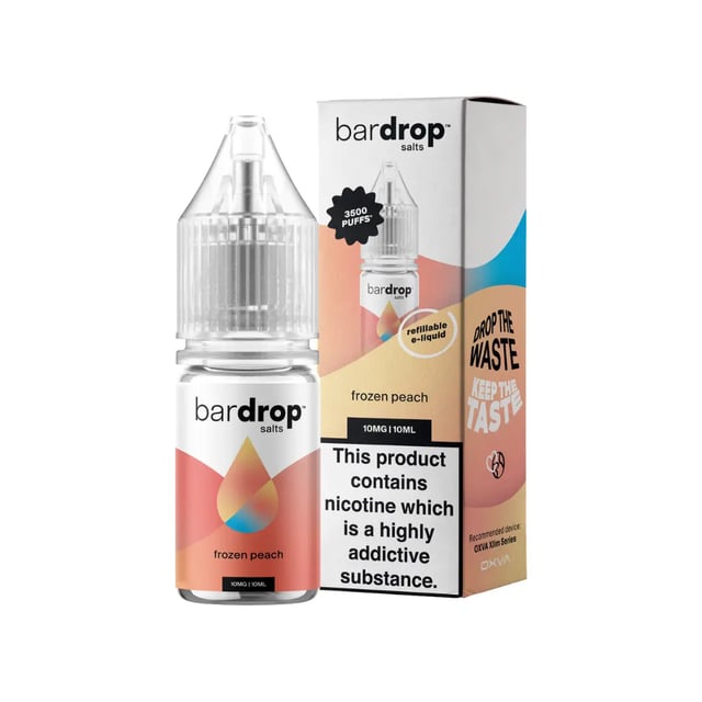 Bar Drop Frozen Peach nic salt 10ml e-liquid bottle, 5mg 10mg 20mg strengths, 50VG/50PG for pod kits
