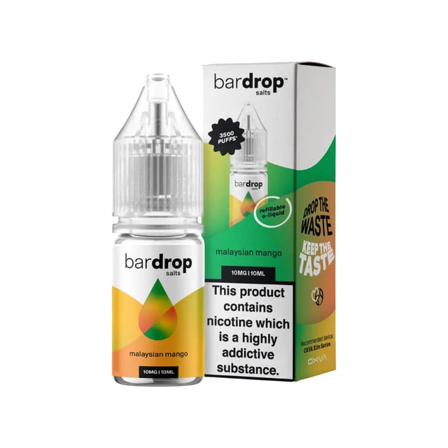 Bar Drop Malaysian Mango nic salt e-liquid, 10ml bottle, available in 5mg, 10mg and 20mg strengths