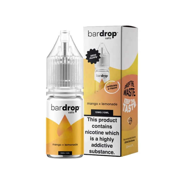 Bar Drop Mango Lemonade nic salt e-liquid, 10ml bottle, available in 5mg, 10mg and 20mg strengths