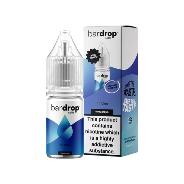 Bar Drop Mr Blue blue raspberry nic salt e-liquid 10ml bottle in 5mg, 10mg and 20mg strengths