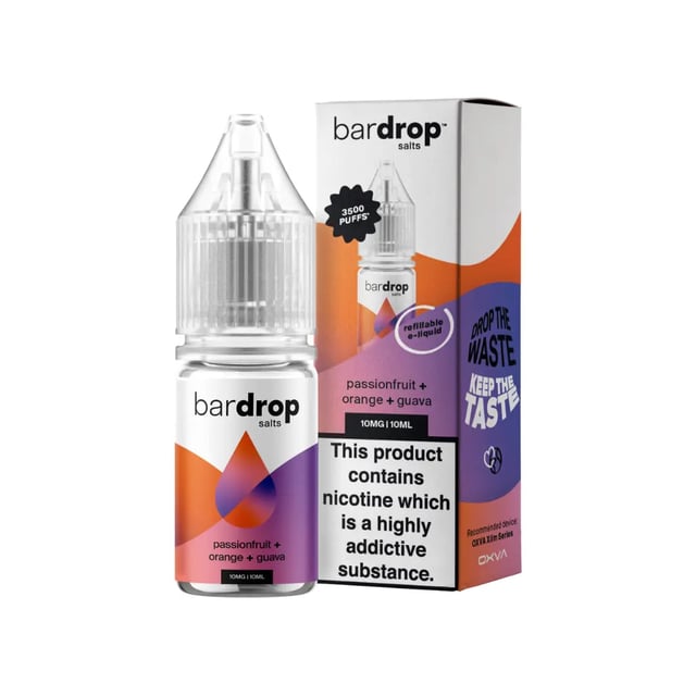 Bar Drop Passionfruit Orange Guava nic salt e-liquid, 10ml bottle, 5mg 10mg 20mg strengths