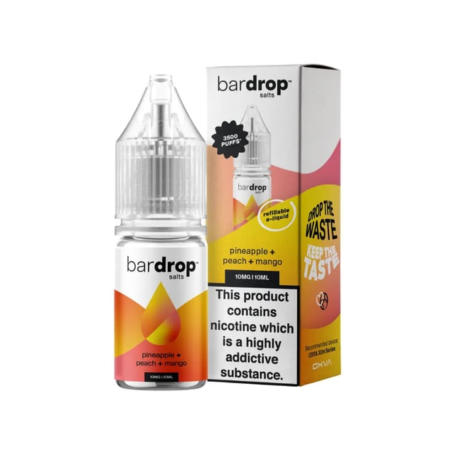 Bar Drop Pineapple Peach Mango nic salt 10ml bottle, available in 5mg, 10mg and 20mg strengths
