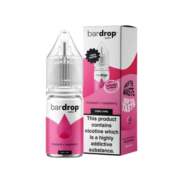 Bar Drop Rhubarb Raspberry nic salt e-liquid 10ml bottle, 5mg 10mg 20mg strengths