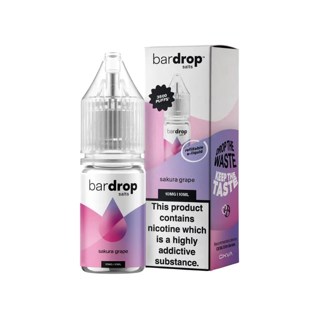 Bar Drop Sakura Grape nic salt e-liquid 10ml bottle, grape and cherry blossom flavour, 5mg 10mg 20mg strengths