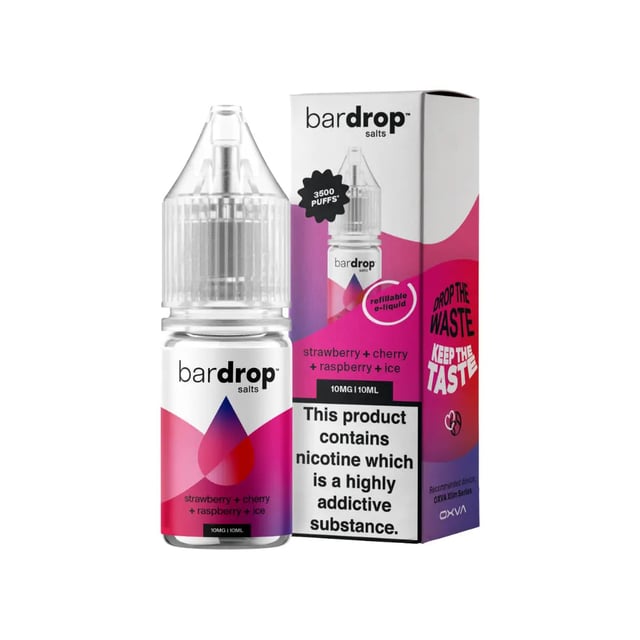 Bar Drop Strawberry Cherry Raspberry Ice nic salt e-liquid, 10ml bottle, 5mg 10mg 20mg strengths