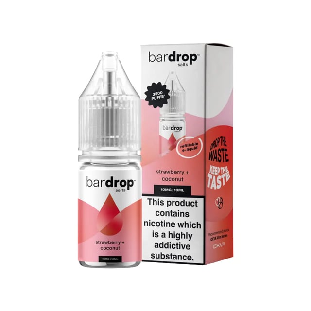 Bar Drop Strawberry Coconut nic salt e-liquid 10ml bottle, available in 5mg, 10mg and 20mg