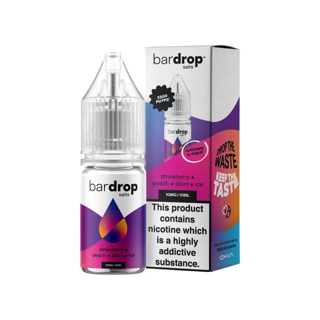 Bar Drop Strawberry Peach Plum Ice 10ml nic salt e-liquid bottle, 5mg 10mg 20mg strengths, for pod kits