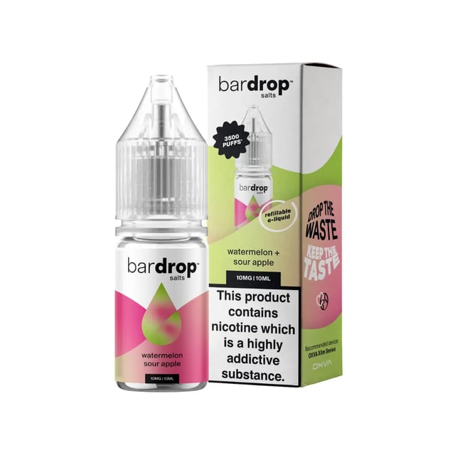Bar Drop Watermelon Sour Apple nic salt e-liquid, 10ml bottle, 5mg 10mg and 20mg strengths