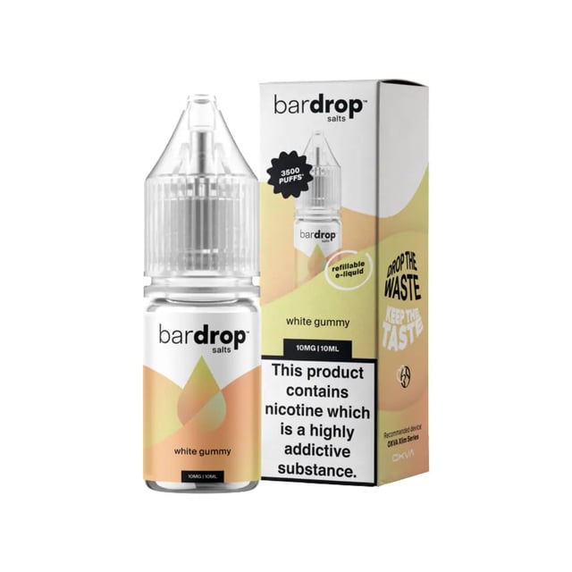 Bar Drop White Gummy nic salt e-liquid, 10ml bottle, 5mg 10mg 20mg strengths, 50VG/50PG