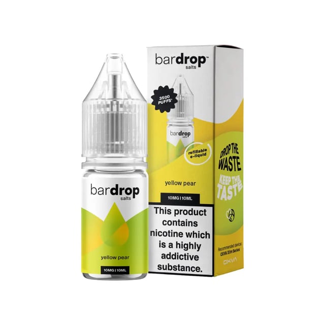 Bar Drop Yellow Pear nic salt e-liquid, 10ml bottle, available in 5mg, 10mg and 20mg strengths