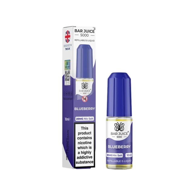 Bar Juice 5000 Blueberry nic salt e-liquid 10ml bottle, available in 5mg, 10mg and 20mg strengths