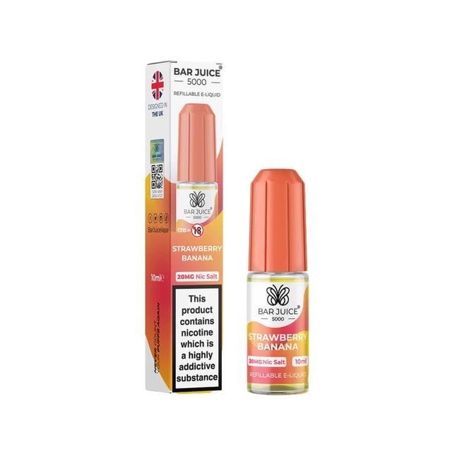 Bar Juice 5000 Strawberry Banana nic salt 10ml e-liquid bottle, available in 5mg, 10mg and 20mg strengths
