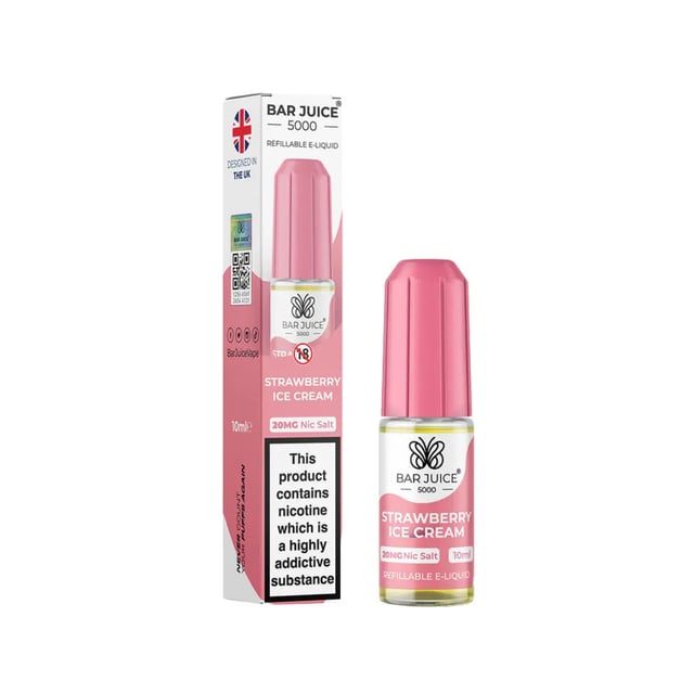 Bar Juice 5000 Strawberry Ice Cream nic salt e-liquid 10ml bottle, available in 5mg, 10mg and 20mg strengths