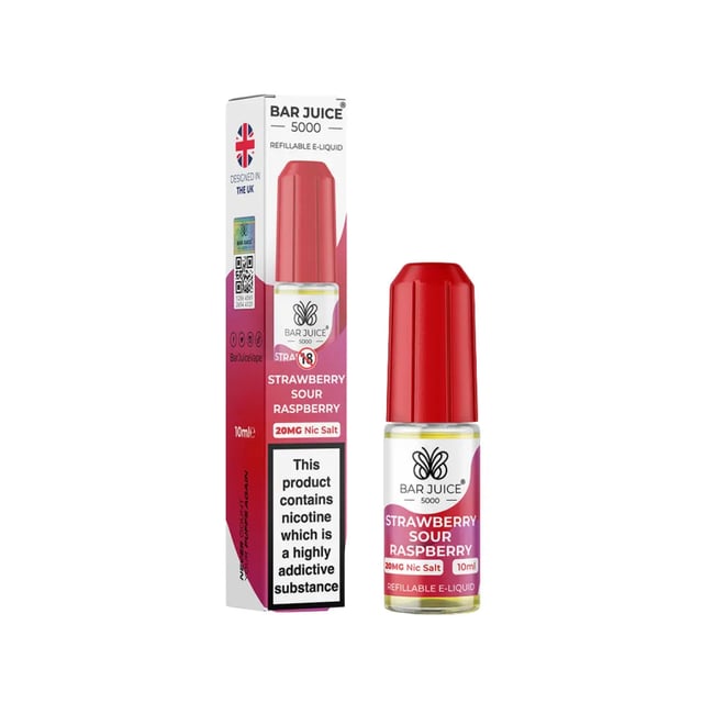 Bar Juice 5000 Strawberry Sour Raspberry nic salt e-liquid, 10ml bottle, 5mg 10mg 20mg strengths