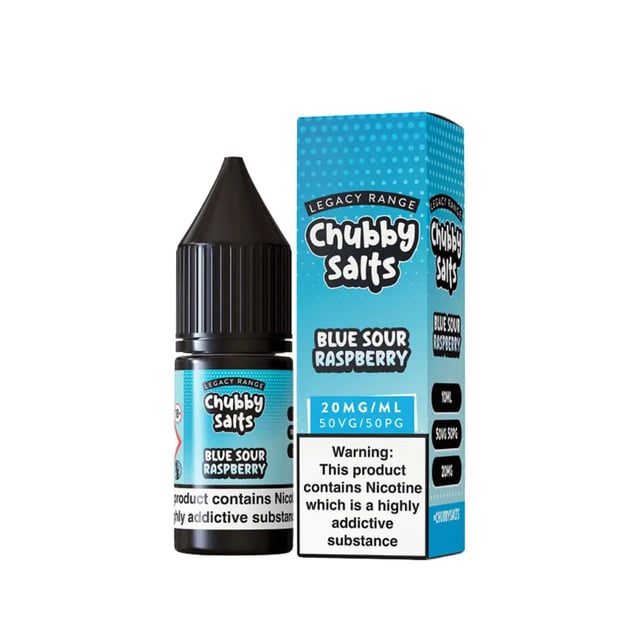 Chubby Salts Blue Sour Raspberry 10ml nic salt e-liquid bottle, 10mg and 20mg strengths, 50/50 VG/PG