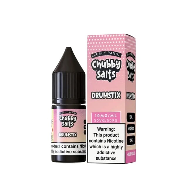 Chubby Drumstix nic salt e-liquid 10ml bottle, raspberry and milk lolly flavour, 10mg and 20mg strengths
