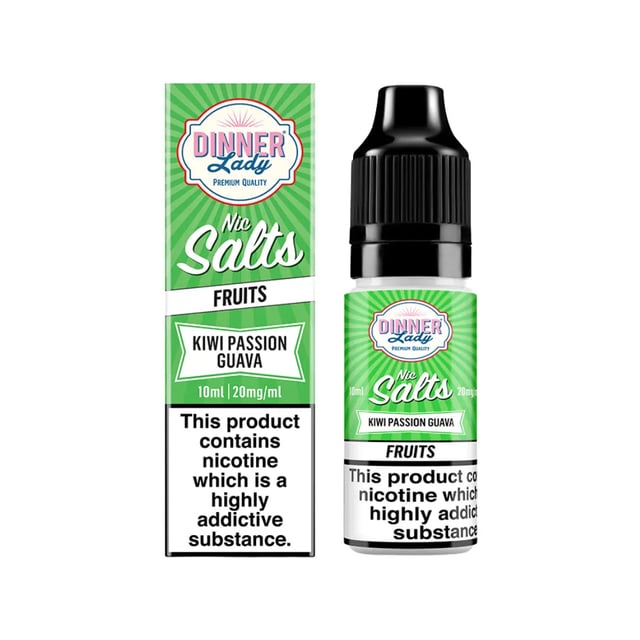 Dinner Lady Kiwi Passion Guava nic salt e-liquid 10ml bottle shown in 10mg and 20mg strengths