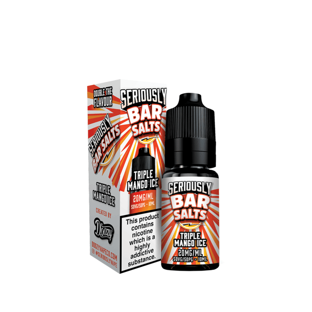 Doozy Seriously Bar Triple Mango Ice 10ml nic salt e-liquid bottle, available in 10mg and 20mg strengths