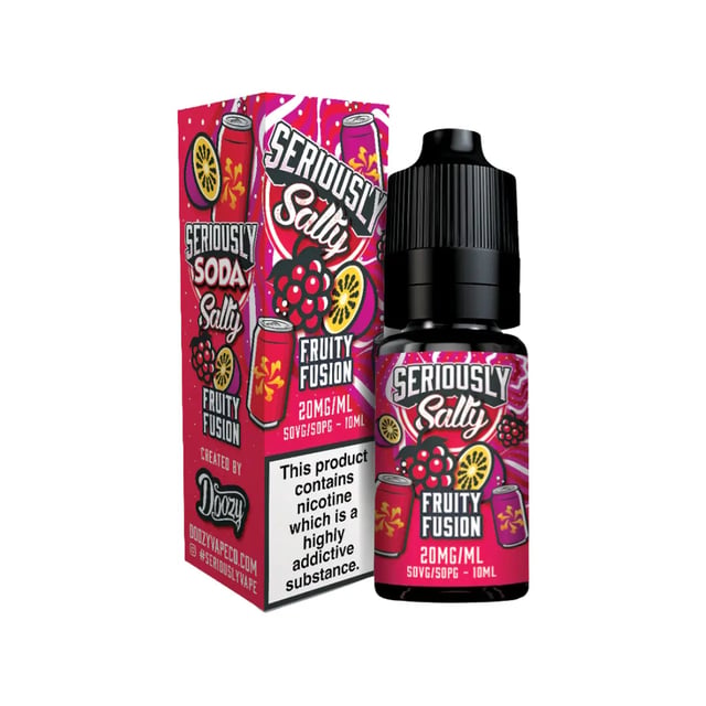 Doozy Seriously Soda Fruity Fusion 10ml nic salt e-liquid bottle, available in 10mg and 20mg strengths
