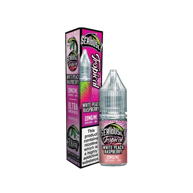 Doozy Seriously Tropical White Peach Raspberry 10ml nic salt e-liquid bottle, 10mg and 20mg strengths