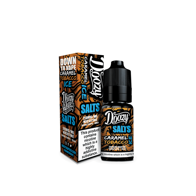 Doozy Vape Co Caramel Tobacco Ice 10ml nic salt e-liquid bottle, 10mg and 20mg strengths