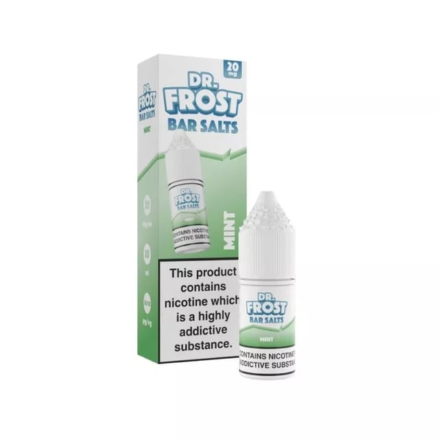 Dr Frost Bar Salts Mint 10ml nic salt e-liquid bottle shown in 10mg and 20mg strengths