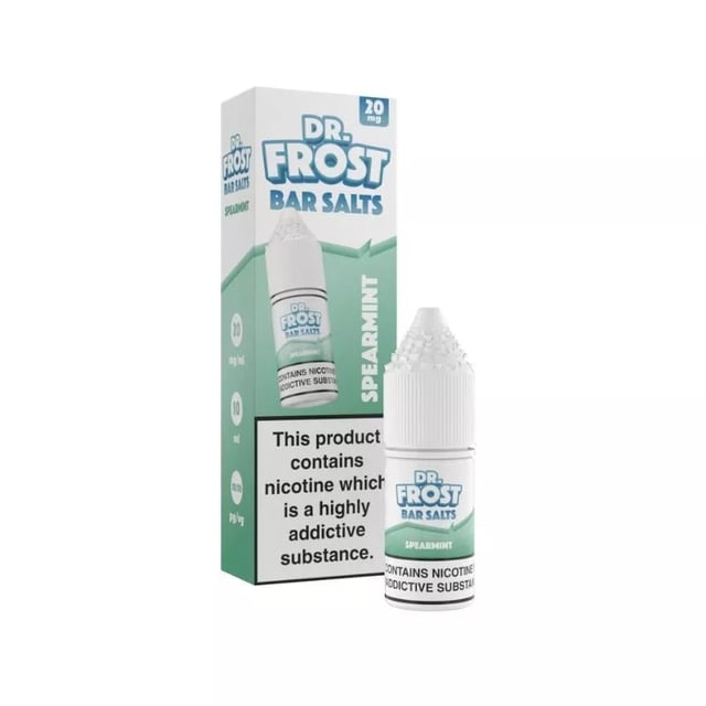 Dr Frost Bar Salts Spearmint 10ml nic salt e-liquid bottle shown in 10mg and 20mg strengths
