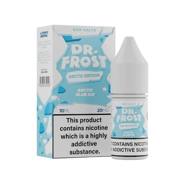 Dr Frost Arctic Blue Ice nic salt e-liquid, 10ml bottle, shown in 10mg and 20mg nicotine strengths