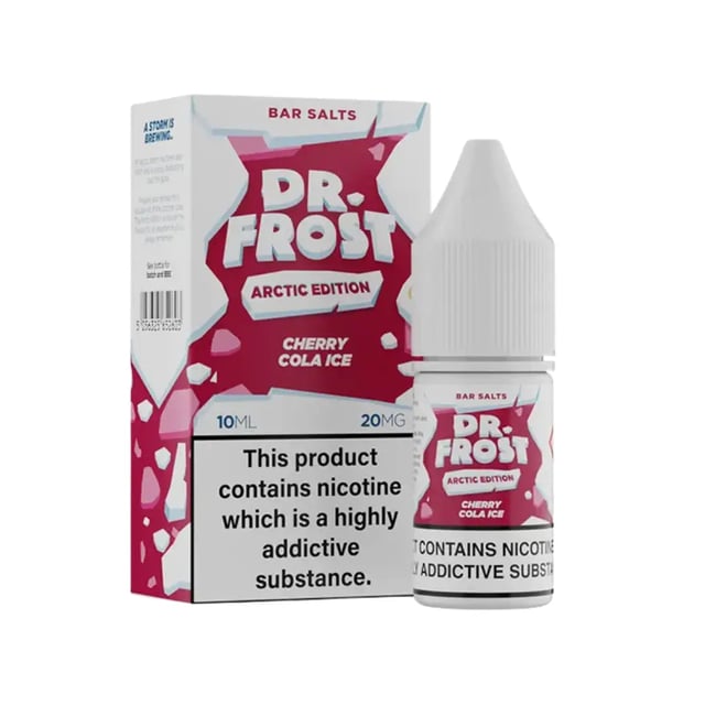Dr Frost Arctic Cherry Cola Ice 10ml nic salt e-liquid bottle, shown in 10mg and 20mg strengths