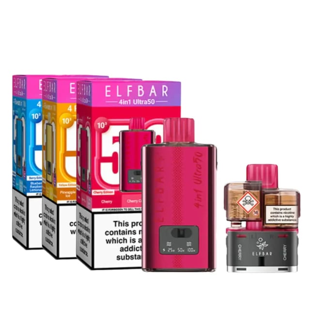 Elf Bar 4-in-1 Ultra 50 (50K) prefilled pod kit box showing the toggle switch device and sealed ElfLIQ pod pairs