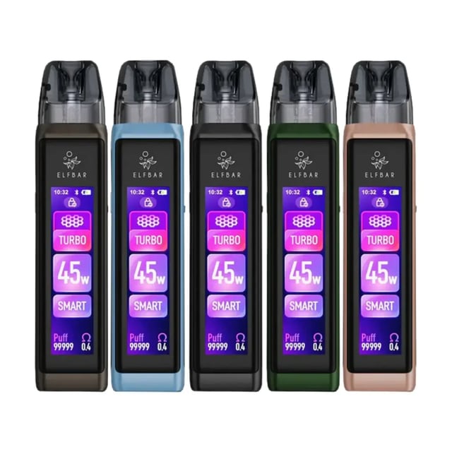 Elf Bar ELFX Ultra refillable vape pod kit shown with touchscreen display and dual mesh pod