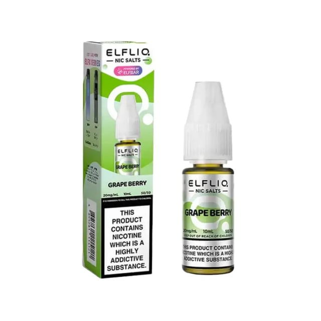 Elf Bar Elfliq Grape Berry nic salt 10ml e-liquid bottle, available in 5mg, 10mg and 20mg strengths