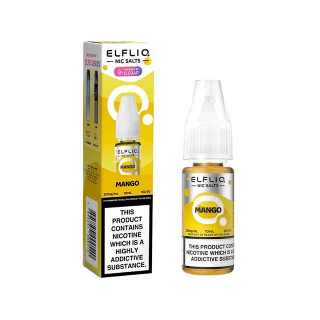 Elf Bar Elfliq Mango nic salt e-liquid 10ml bottle, available in 5mg, 10mg and 20mg strengths
