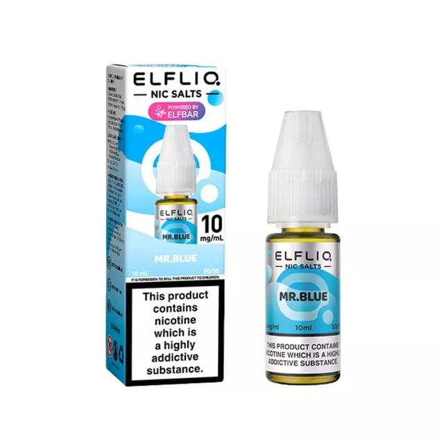 Elfliq Mr Blue nic salt e-liquid 10ml bottle, mixed berries and menthol flavour, 5mg 10mg 20mg strengths
