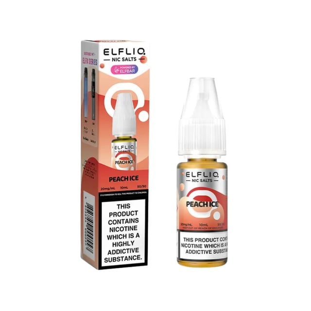 Elfliq Peach Ice nic salt e-liquid 10ml bottle, 5mg, 10mg and 20mg strengths, 50/50 VG/PG for MTL kits