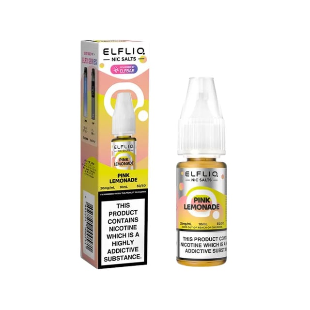 Elfliq Pink Lemonade nic salt e-liquid 10ml bottle, available in 5mg, 10mg and 20mg strengths