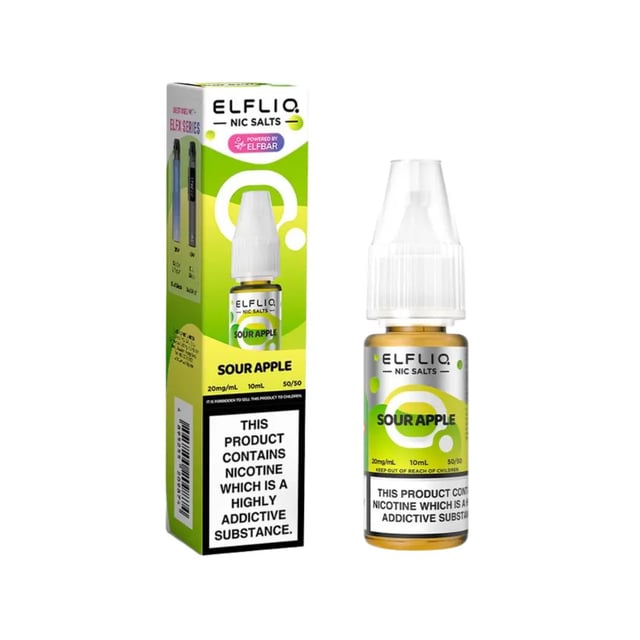 Elfliq Sour Apple nic salt e-liquid 10ml bottle, available in 5mg, 10mg and 20mg strengths