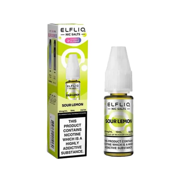 Elfliq Sour Lemon nic salt e-liquid 10ml bottle, available in 5mg, 10mg and 20mg strengths