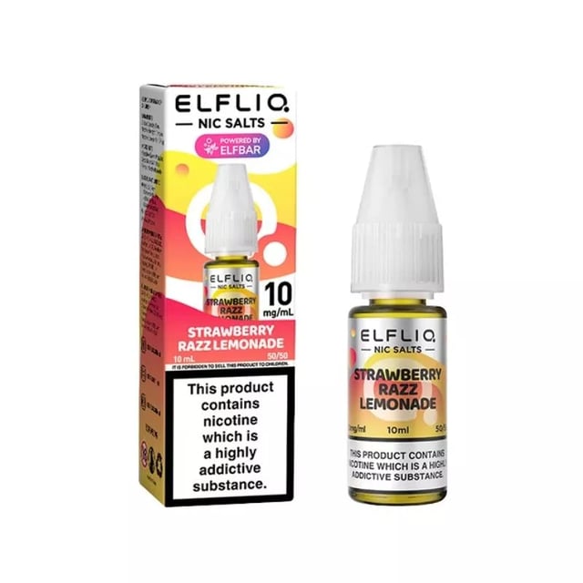 Elfliq Strawberry Razz Lemonade nic salt 10ml e-liquid bottle, available in 5mg, 10mg and 20mg strengths