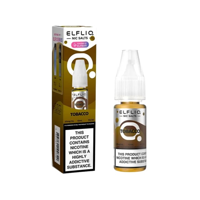Elfliq Tobacco nic salt e-liquid bottle, 10ml 50/50 VG/PG, shown in 5mg, 10mg and 20mg strengths