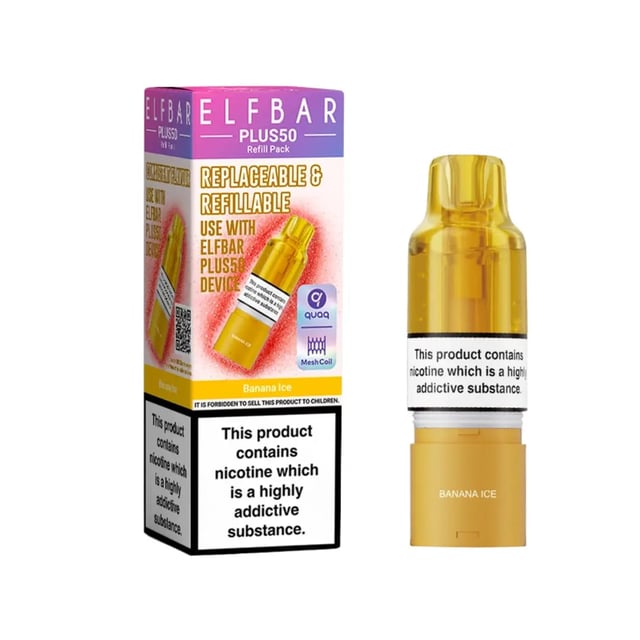 Elf Bar Plus Refill Pods in Strawberry Raspberry Cherry Ice, a prefilled pod kit for the Elf Bar Plus 12, 30 and 50