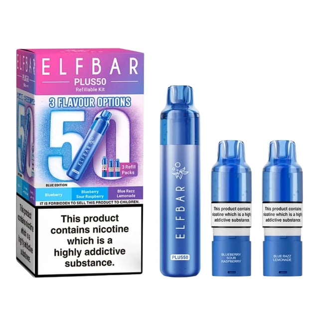 Elf Bar Plus 50 (50K) prefilled pod kit device shown with its three prefilled pods and liquid reservoirs