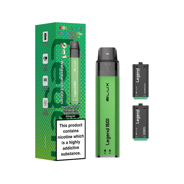 Elux Legend 1500 prefilled pod kit showing the dual flavour pods and base slider switch