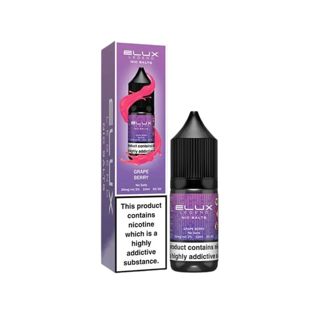 Elux Legend Grape Berry nic salt e-liquid 10ml bottle, available in 5mg, 10mg and 20mg