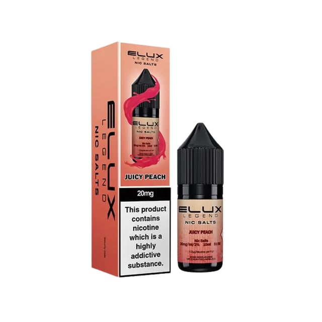 Elux Legend Juicy Peach nic salt e-liquid 10ml bottle, 10mg and 20mg strengths