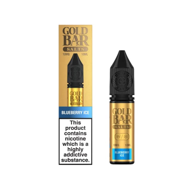 Gold Bar Blueberry Ice Nic Salt 10ml e-liquid bottle, 50/50 VG/PG, in 10mg and 20mg strengths