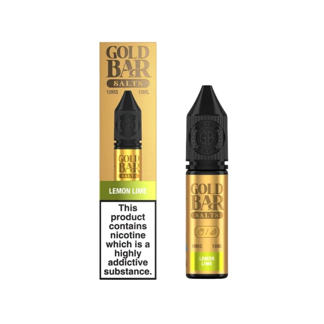 Gold Bar Lemon Lime nic salt e-liquid, 10ml bottle, 10mg and 20mg strengths, 50/50 VG/PG for pod kits