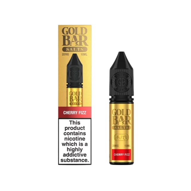 Gold Bar Cherry Fizz Nic Salt 10ml e-liquid bottle, 50/50 VG/PG, available in 10mg and 20mg strengths